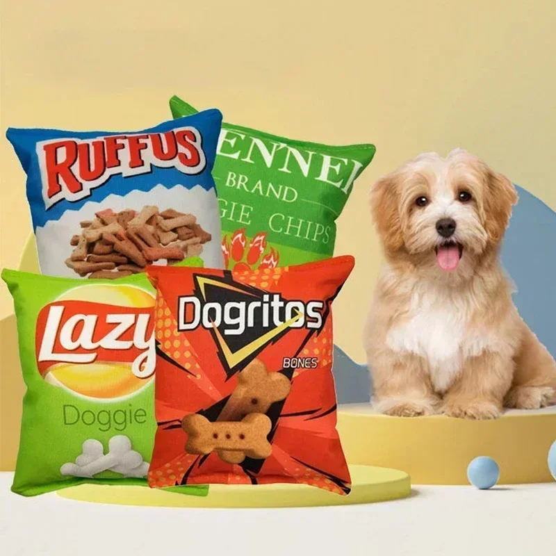 Food Snacks Chips - Kartoffelchip-Beutel, lustiges Hundespielzeug, Plüsch-Quietscher, Lebensmittelspielzeug für