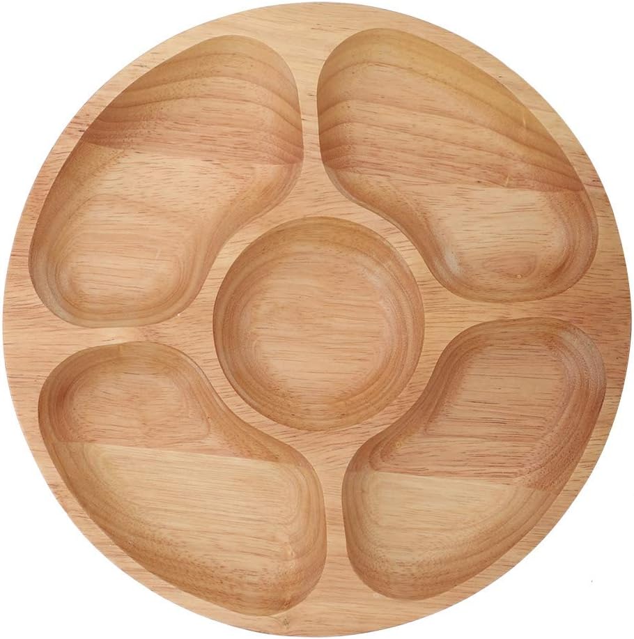 Food Snacks Chips - 5-teiliges Serviertablett, Runde Holz-Servierplatte mit Unterteilungen