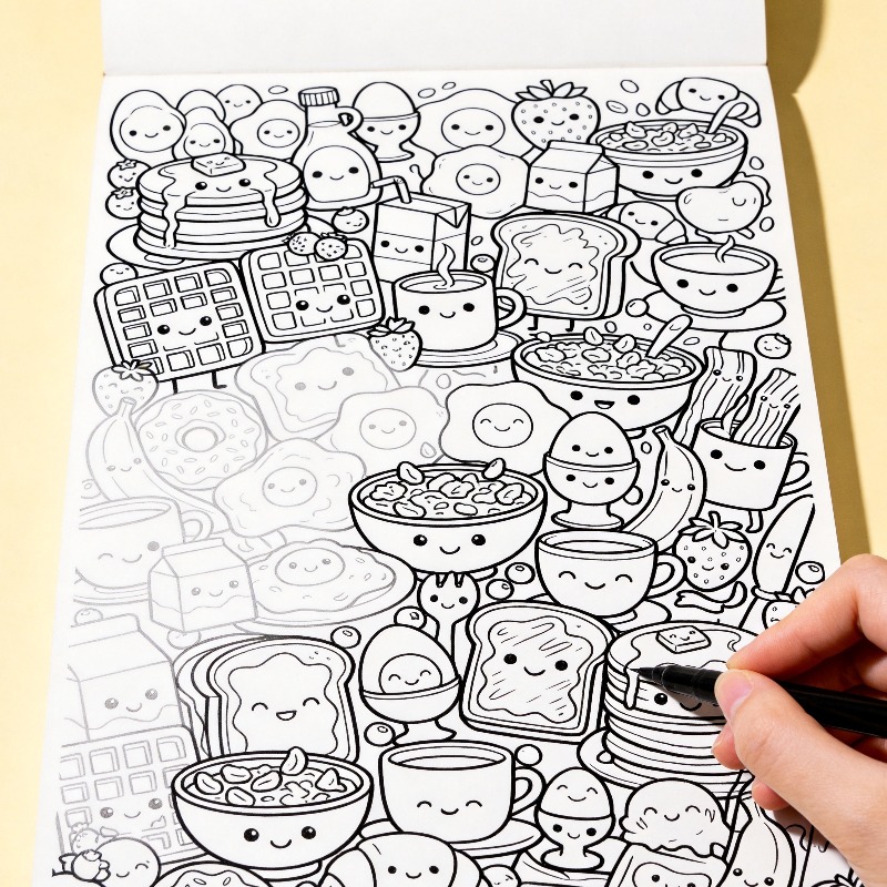 Food Snacks Coloring Book - Ein handgezeichnetes Entspannungs- und Meditations-Malbuch für